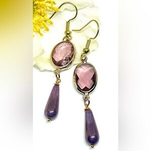 Lilac Purple Crystal Bezel and Czech Glass Gold Luster Tear Water Drop Earrings